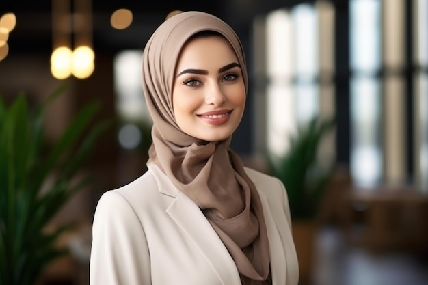 Irradiando beleza, uma empresária muçulmana contra um cenário desfocado de escritório