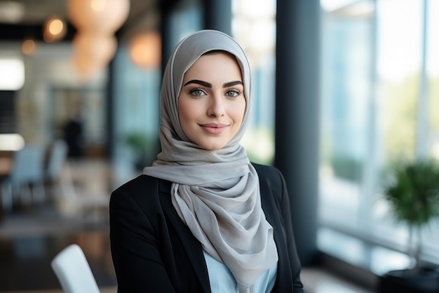 Irradiando belleza una empresaria musulmana contra un telón de fondo borroso de oficina
