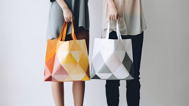 Irreconocible de dos mujeres sosteniendo bolsas de compras multicolores con tecnología de IA generativa