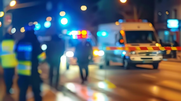 Irreconocible luces borrosas de coches de policía y oficial de la fuerza policial en la noche camino de fondo crimen sce