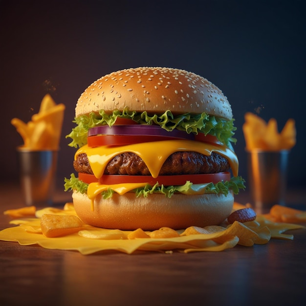 Foto irresistible papel tapiz 4k con una representación 3d de una hamburguesa de queso zinger