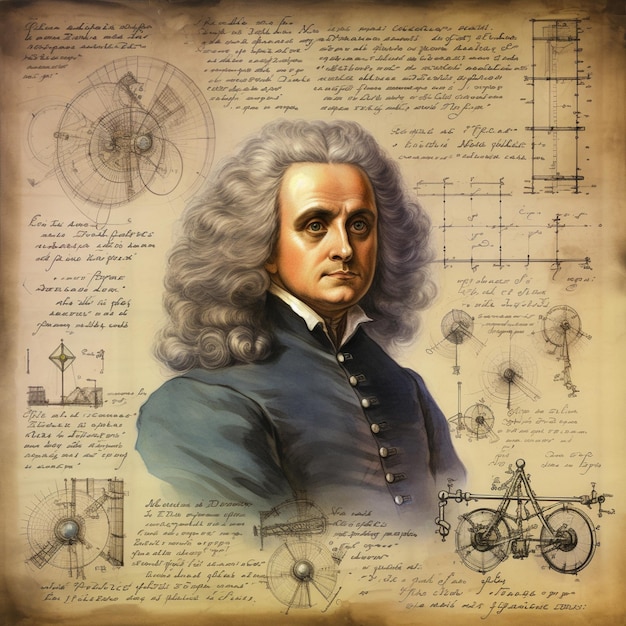 Isaac Newton porträtiert physikalische Formeln aus dem Mechanikerbuch