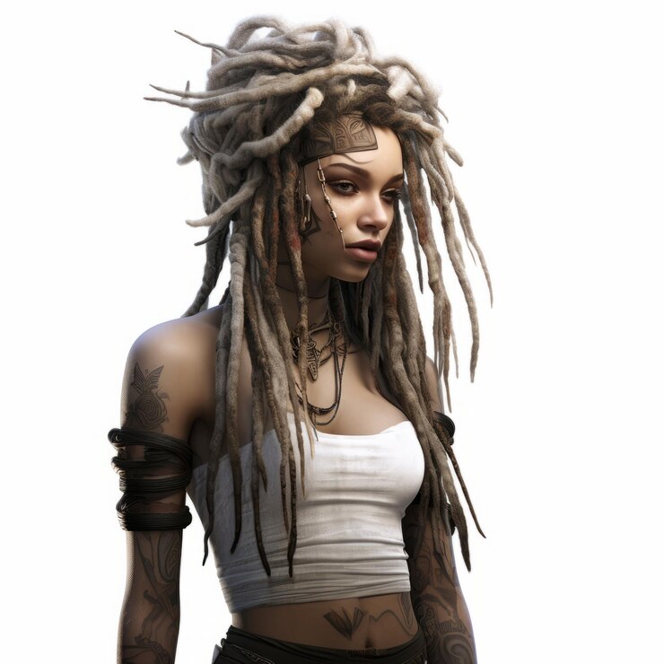 Foto isabella altamente detalhada em 3d com dreadlocks em estilo technocore junglepunk