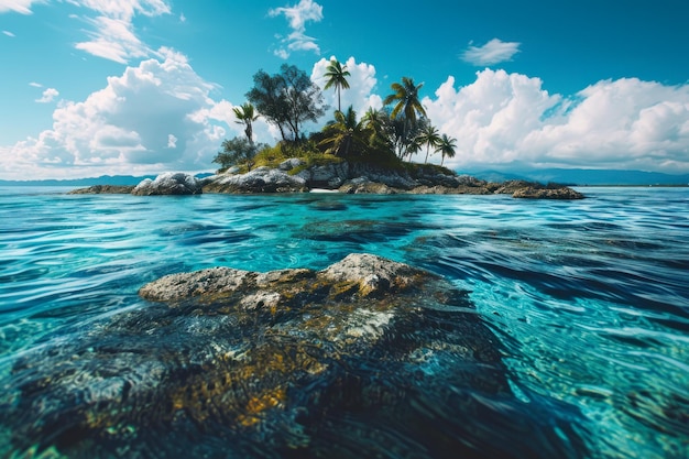 Isla aislada con aguas claras y palmeras