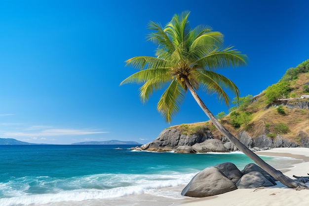 Foto una isla aislada con una playa desierta y una palmera solitaria de pie como centinela