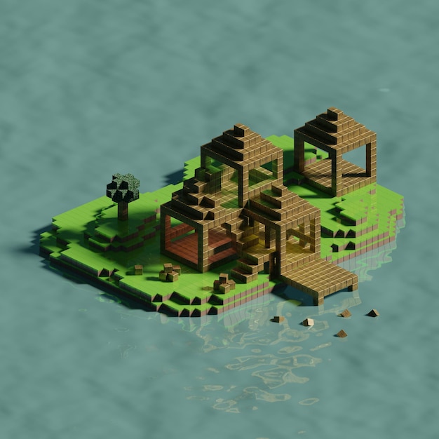 Isla de bloques 3D con edificio