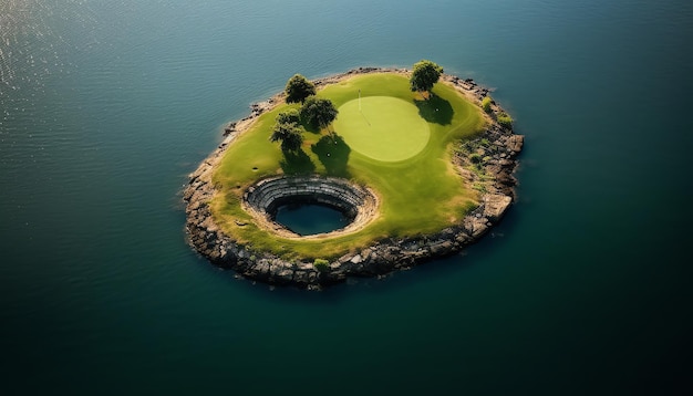 Isla de campo de golf en el océano