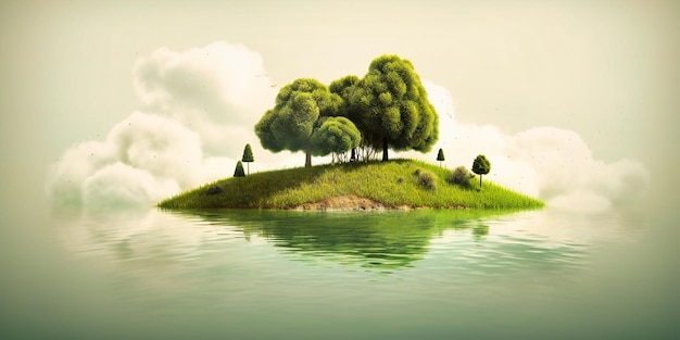 Una isla con un campo de hierba y nubes.