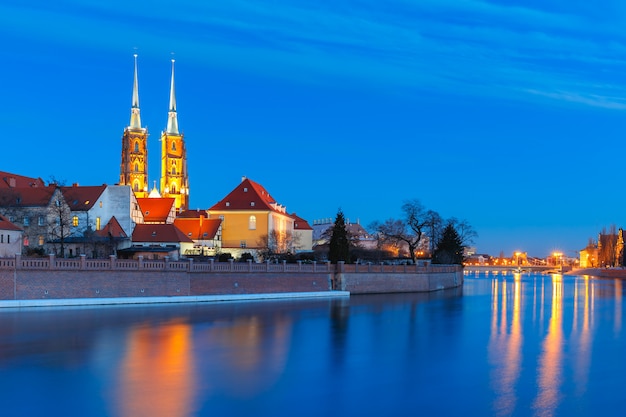 Isla de la Catedral en la noche en Wroclaw, Polonia