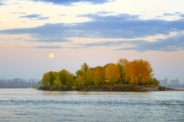 Una isla en el cauce del río Ob en el fondo de una gran ciudad Novosibirsk Siberia