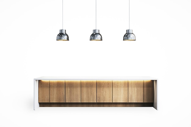 Isla de cocina moderna con luces colgantes renderización en 3D