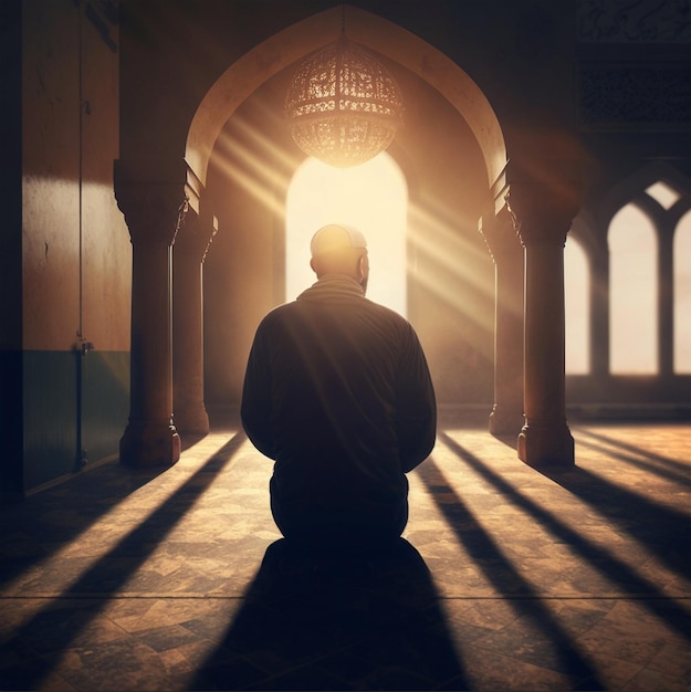 Islã de oração e adoração com homem na mesquita para deus sagrado alcorão e espiritualidade Orando