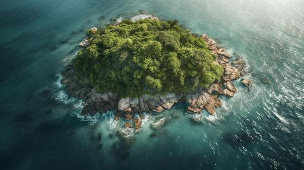 Isla deshabitada con densa vegetación en el océano Vista desde arriba IA generativa