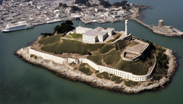 una isla con un edificio en la parte superior y el agua en el fondo