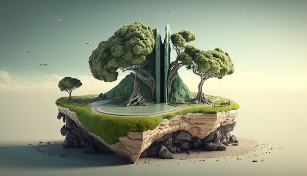 Isla de fantasía con árbol y arena IA generativa