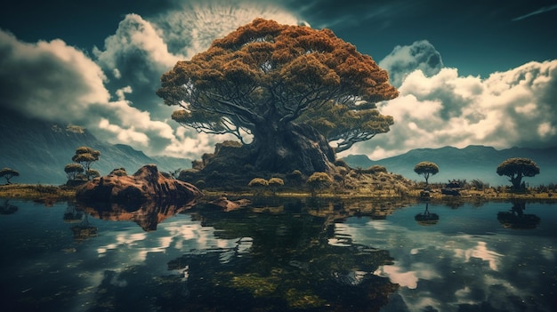 Una isla de fantasía con un árbol encima.