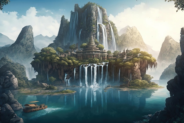 Isla de fantasía del mundo con cascadas