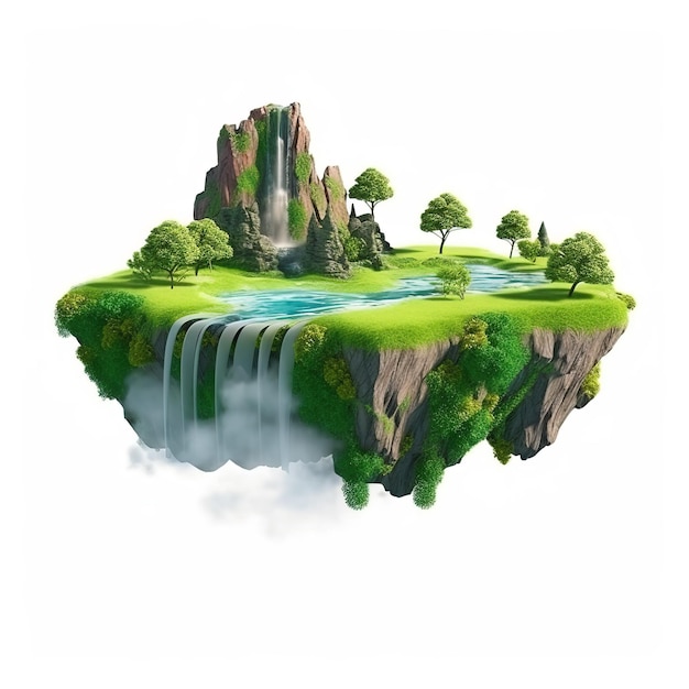 Una isla flotante con una cascada y árboles.