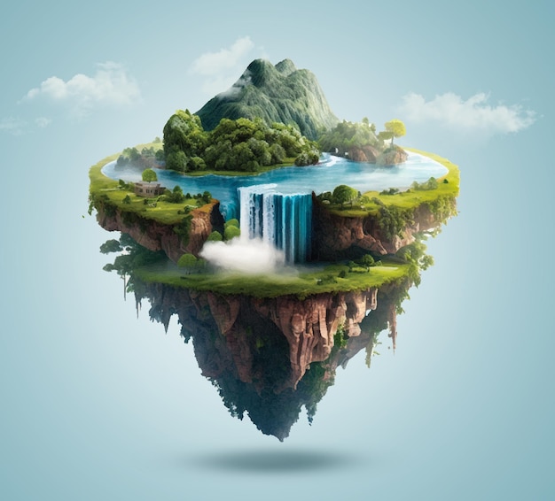Una isla flotante con una cascada y una isla flotante con árboles.