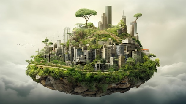 Una isla flotante con una ciudad y un árbol en ella.