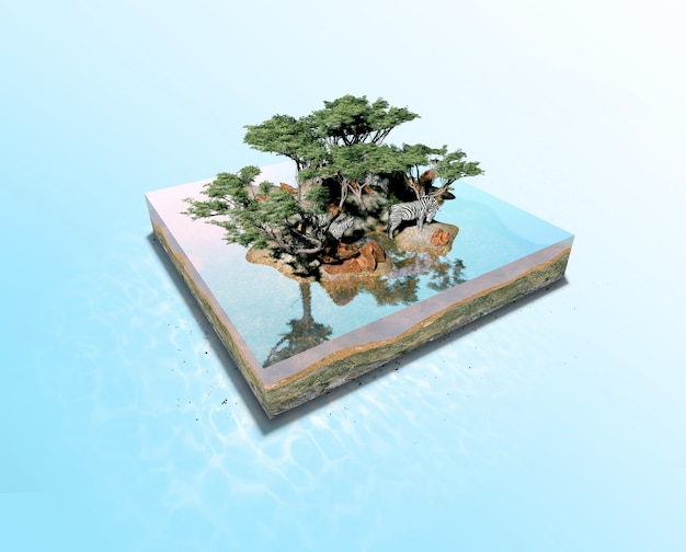 Isla flotante de fantasía con árboles de montaña y animales cebra en la selva tropical Representación 3d de tierra voladora con hermoso paisaje natural