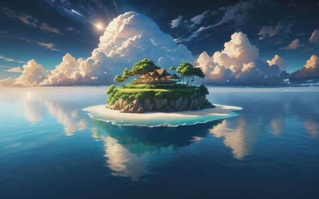 Isla flotante y gran nube sobre el agua del océano de la noche tranquila