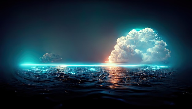 Isla flotante y gran nube sobre el agua tranquila del océano nocturno