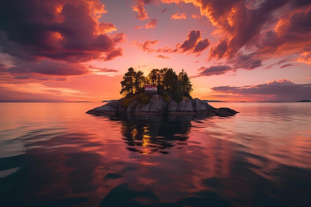 Isla flotante con puesta de sol rodeada de cielo naranja y rosa