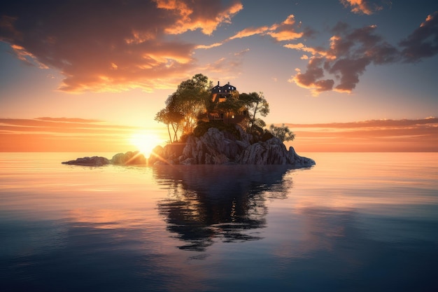 Isla flotante con puesta de sol sobre un océano interminable