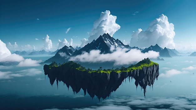 Una isla flotante sobre el paisaje de las nubes