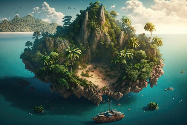 Una isla flotante surrealista con una laguna secreta y una playa escondida rodeada de densos bosques tropicales
