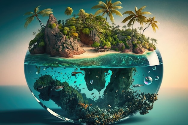 Una isla flotante surrealista con una playa de cristal y aguas cristalinas rodeada de vegetación tropical