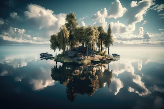 Isla flotante surrealista rodeada por un lago sereno con reflejos del cielo y árboles visibles