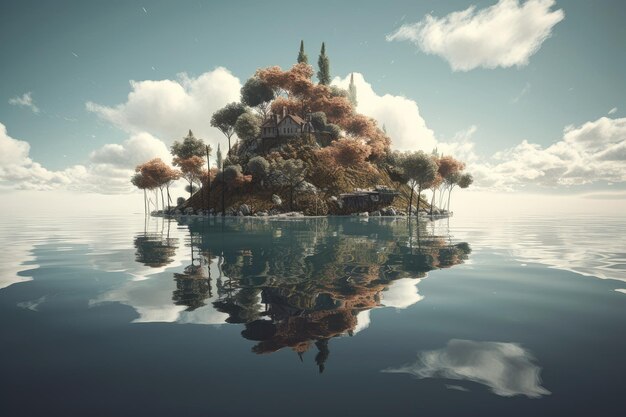 Isla flotante surrealista rodeada por un lago sereno con reflejos del cielo y árboles visibles