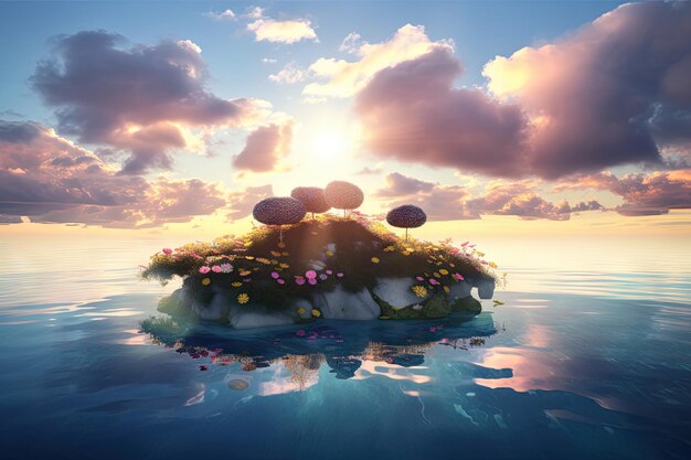 Isla flotante surrealista con vista al atardecer y nubes florecientes en el fondo
