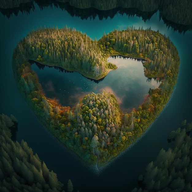 Isla en forma de corazón en el bosque nórdico.