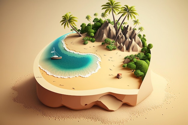Una isla en forma de corazón caprichosa con una variedad de criaturas juguetonas que viven entre las playas de arena de palmeras Generado por AI