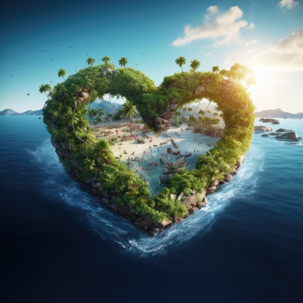 Isla en forma de corazón en el océano