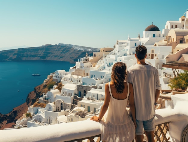 De isla en isla en Santorini Grecia Una pareja disfrutando de la impresionante vista del blanco