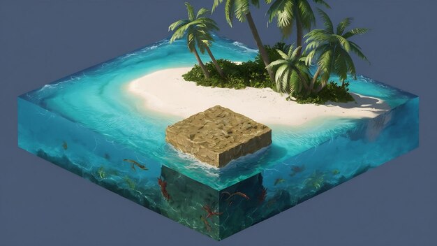 Isla isométrica 3d con palmeras de agua y arena peces Ilustración 3d de playa de cubo aislada
