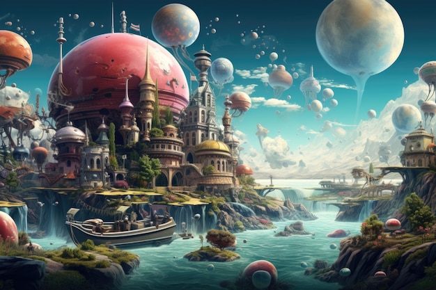 Una isla mágica con una ciudad surrealista Fantástico