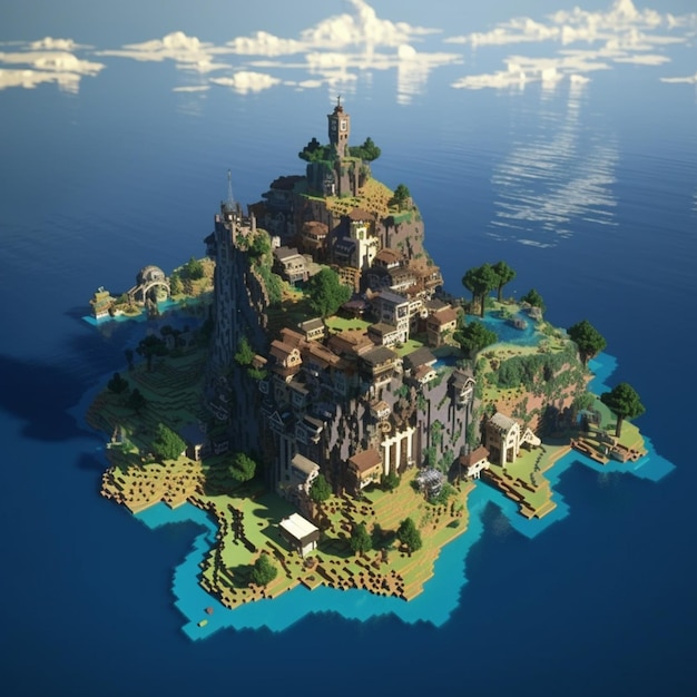 Una isla de minecraft con un castillo en ella