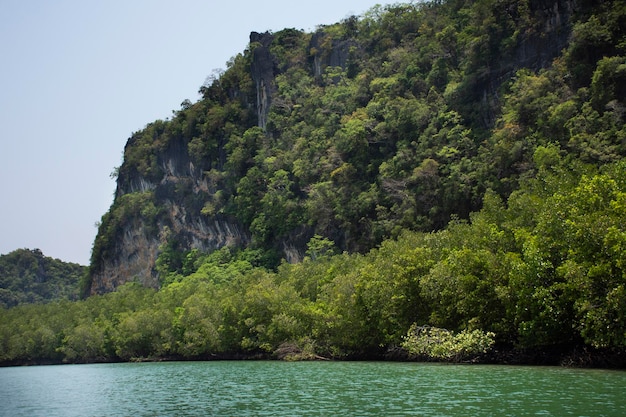 Isla de montaña de piedra caliza en el océano para los viajeros tailandeses que viajan visitan el recorrido local Prasat Hin Pan Yod del Parque Nacional Mu Ko Petra en el paseo marítimo de Pak Bara en la ciudad de La ngu en Satun Tailandia