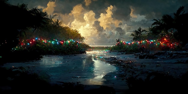 Isla de Navidad. Ilustración digital. Cuadro. Hermoso escenario paisaje