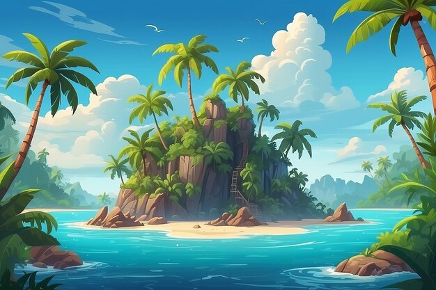 Foto isla en el océano deshabitada isla pirata secreta con palmeras de playa jungla lianas y rocas en el mar bajo un cielo nublado paisaje tropical tierra vacía fondo del juego ilustración vectorial de dibujos animados