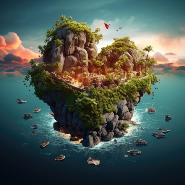 Una isla con palmeras en forma de corazón