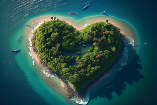 Isla paradisíaca en forma de corazón Concepto de viaje IA generativa