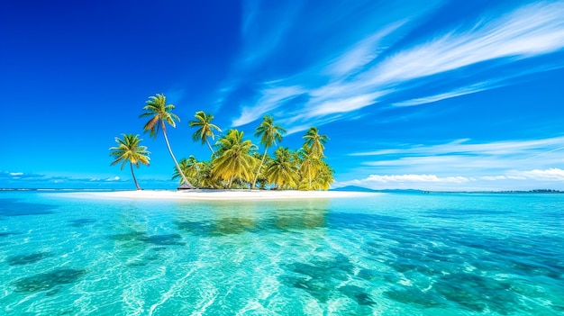 Foto isla paradisíaca idílica con playa de arena y palmeras en el océano azul banner hecho con ia generativa