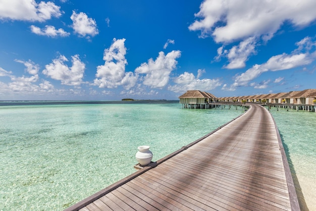 Isla paradisíaca de Maldivas. Paisaje aéreo tropical, villas de bungalows de agua de puente de muelle de paisaje marino