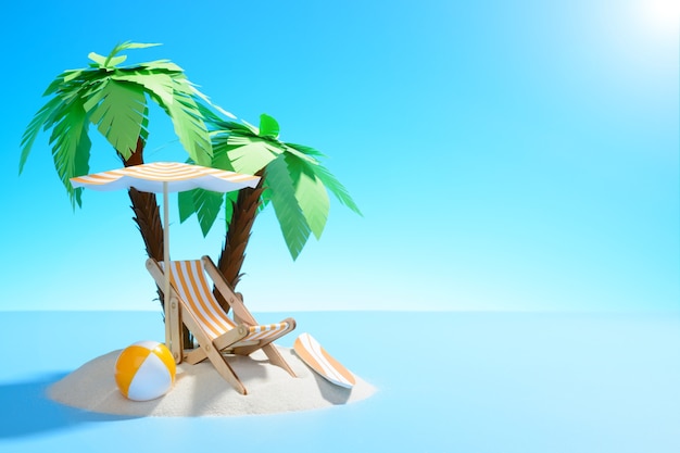 Isla paradisíaca en el océano. Tumbona, tabla de surf y pelota bajo palmeras en la arena.